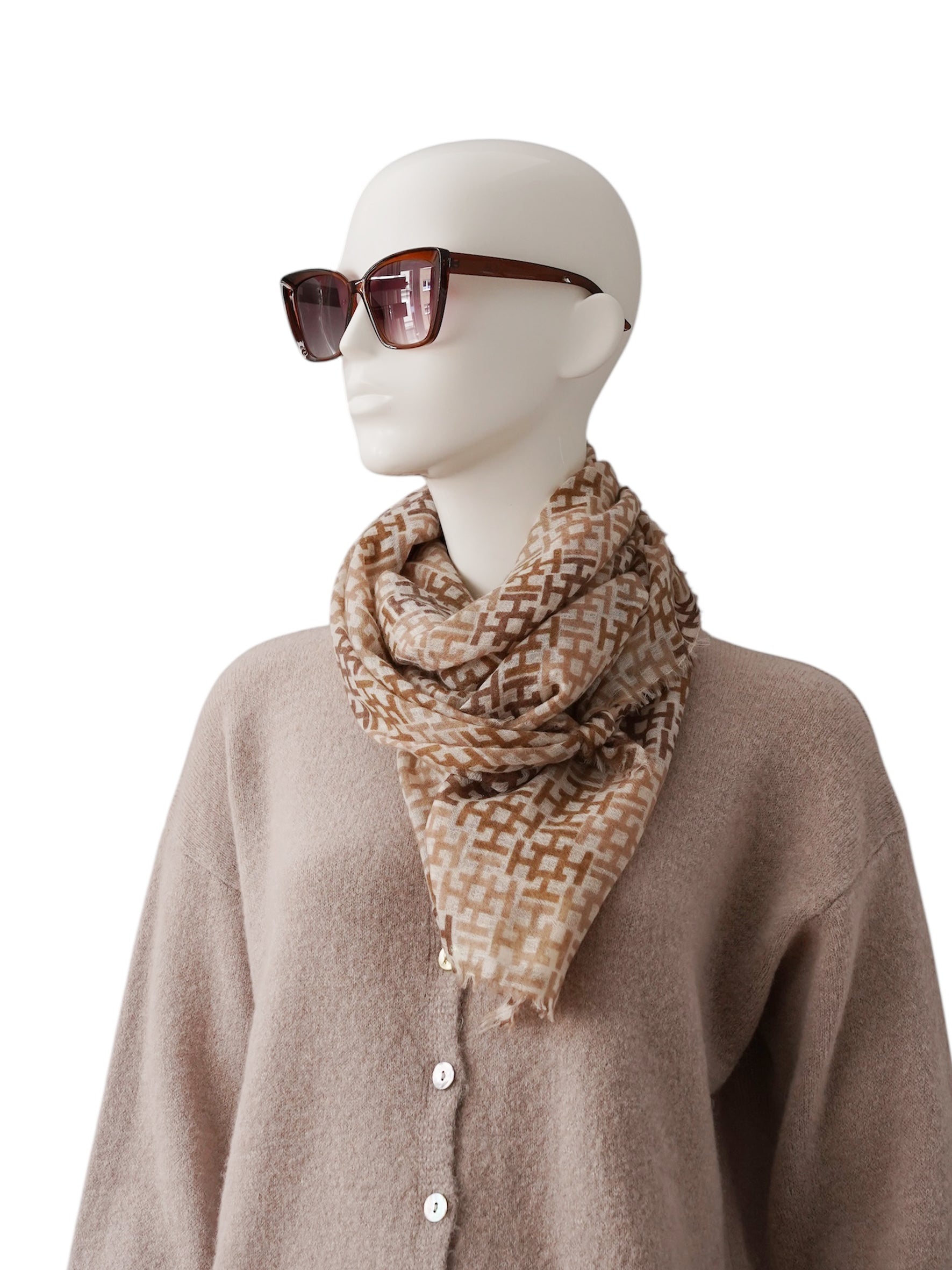 Braun/Sandfarbener, gemusterter Cashmere-Schal